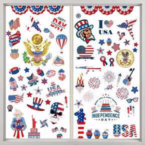 4th of July Window Clings Stickers Patriotic Flags USA Stars Eagle Hats Fireworks Veterans Day Double-Sided Window Decals for Independence Day Party Supplies School Home Office Decoration 9 Sheets