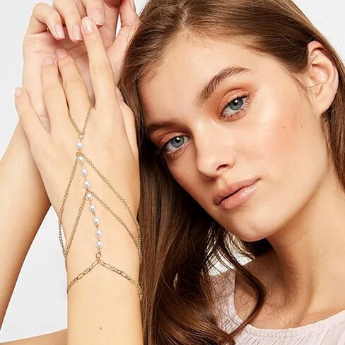 Gold Dainty Layered Tassel Crystal Hand Chain Ring Bracelet for Woman in Saudi Arabia