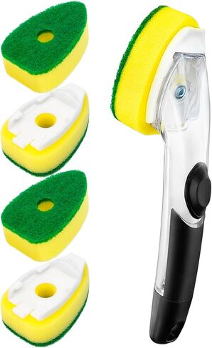 HELIME Soap Control Dishwand Handle with Refills, 5 Heavy Duty Replacement Sponge Heads Set, 1 Soap Dispenser Scrubbers, Non Scratch Dishwashing Scrub Dispensing Brush Pads, Kitchen Sink Dishwash Tool in Saudi Arabia