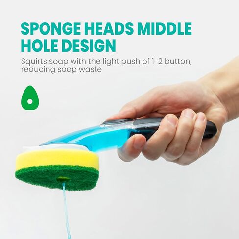 HELIME Soap Control Dishwand Handle with Refills, 5 Heavy Duty Replacement Sponge Heads Set, 1 Soap Dispenser Scrubbers, Non Scratch Dishwashing Scrub Dispensing Brush Pads, Kitchen Sink Dishwash Tool in Saudi Arabia