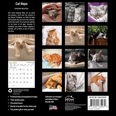 MICASA Cat Naps 2024 Hangable Monthly Wall Calendar | 12" x 24" Open | Thick & Sturdy Paper | Giftable | Teen Kids Funny Cute Kittens | Sleeping Beauties in Saudi Arabia