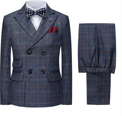 Boys Suits Plaid Double Breasted Kids Tuxedo Blazer Jacket Pants Vest Wedding in Saudi Arabia