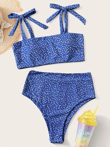 SweatyRocks Women's Bikini Swimsuit Tie Shoulder Wireless Bra Polka Dots High Waist Bottom Bathing Suit in Saudi Arabia