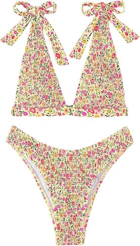 SOLY HUX Women's Floral Print Swimsuit Set Shirred Tie Shoulder High Cut Bikini Bathing Suits 2 Piece Beachwear in Saudi Arabia