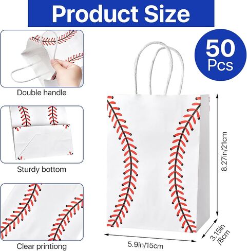 Boocalny 50 قطعة من أكياس هدايا البيسبول مع مقابض، وحقائب البيسبول الجيدة، وحقائب حفلات البيسبول، وأكياس ورق البيسبول، وحقيبة هدايا البيسبول لمستلزمات حفلات البيسبول وتزيين هدايا عيد الميلاد 8.3 × 6 × 3 بوصة in Saudi Arabia