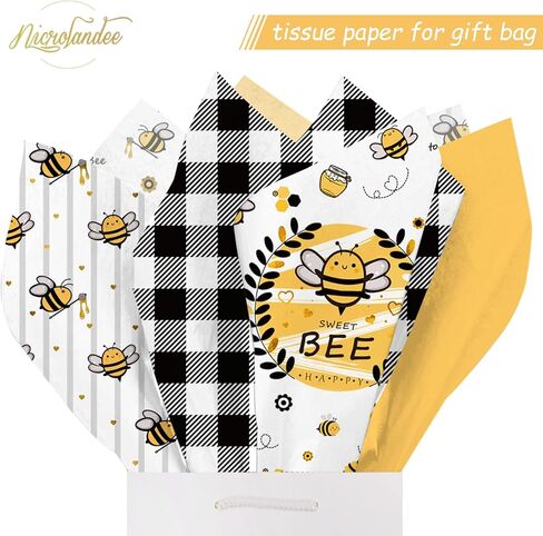Nicrolandee Bee Party Supplies - 24 Sheets Tissue Paper for Bee Day Theme Gift Wrap, Yellow Black Honey Bee Wrapping Tissue Paper for Birthday Baby Shower Gender Reveal Bee Day Party Decoration in Kuwait
