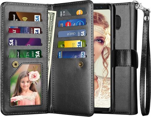 NJJEX for Galaxy Note 8 Case, for Note 8 Wallet Case, PU Leather [9 Card Slots] ID Credit Folio Flip Cover [Detachable] [Kickstand] Magnetic Phone Case & Wrist Strap for Samsung Note 8 [Black] in Saudi Arabia