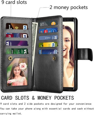 NJJEX for Galaxy Note 8 Case, for Note 8 Wallet Case, PU Leather [9 Card Slots] ID Credit Folio Flip Cover [Detachable] [Kickstand] Magnetic Phone Case & Wrist Strap for Samsung Note 8 [Black] in Saudi Arabia