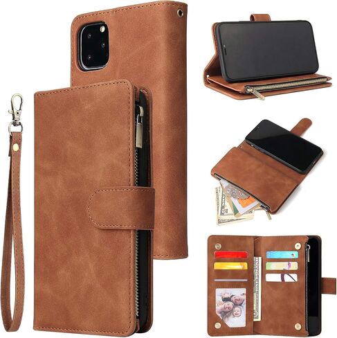 UEEBAI Wallet Case for iPhone 11 Pro Max, PU Leather Case Magnetic Closure Handbag Zipper Pocket Case Kickstand Card Slots with Hand Strap Marple Flip Case for Women - Black in Saudi Arabia