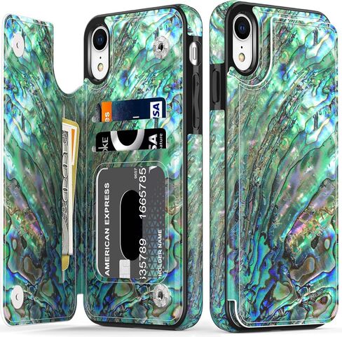 LETO iPhone XR Case,Leather Wallet Case with Fashionable Flower Designs for Girls Women,Flip Folio Cover with Card Slots Kickstand,Protective Phone Case for iPhone XR Green Oyster Shell in Kuwait
