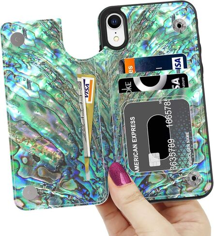 LETO iPhone XR Case,Leather Wallet Case with Fashionable Flower Designs for Girls Women,Flip Folio Cover with Card Slots Kickstand,Protective Phone Case for iPhone XR Green Oyster Shell in Kuwait