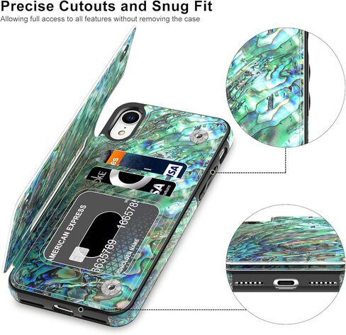 LETO iPhone XR Case,Leather Wallet Case with Fashionable Flower Designs for Girls Women,Flip Folio Cover with Card Slots Kickstand,Protective Phone Case for iPhone XR Green Oyster Shell in Kuwait