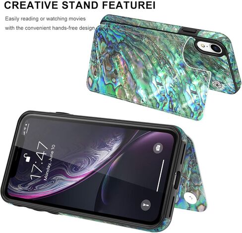 LETO iPhone XR Case,Leather Wallet Case with Fashionable Flower Designs for Girls Women,Flip Folio Cover with Card Slots Kickstand,Protective Phone Case for iPhone XR Green Oyster Shell in Kuwait