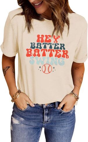 Cute Baseball T-Shirt Women Hey Batter Swing Tee Shirt Short Sleeve Casual Summer Funny Graphic Sports Tops in Saudi Arabia