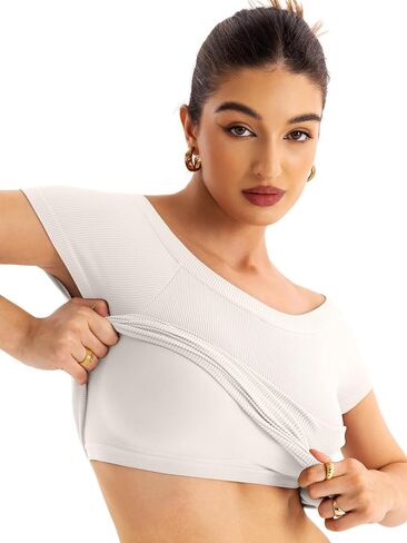 Women Boat Neck Seamless Top Built in Bra Ribbed Short Sleeve Fitted Shirts Summer Tops 2024 in Saudi Arabia