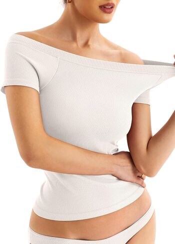 Women Boat Neck Seamless Top Built in Bra Ribbed Short Sleeve Fitted Shirts Summer Tops 2024 in Saudi Arabia