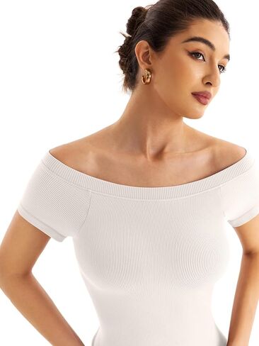 Women Boat Neck Seamless Top Built in Bra Ribbed Short Sleeve Fitted Shirts Summer Tops 2024 in Saudi Arabia