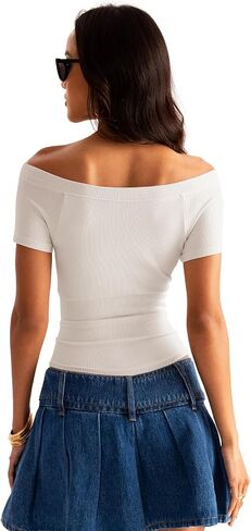 Women Boat Neck Seamless Top Built in Bra Ribbed Short Sleeve Fitted Shirts Summer Tops 2024 in Saudi Arabia