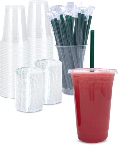 [50 SETS] 12 oz Clear Plastic Cups with Lids and STRAWS, Disposable Iced Coffee cups with Lids, Clear Cups with Lids for Cold Drinks, Iced Tea, Milkshakes, Smoothies in Saudi Arabia