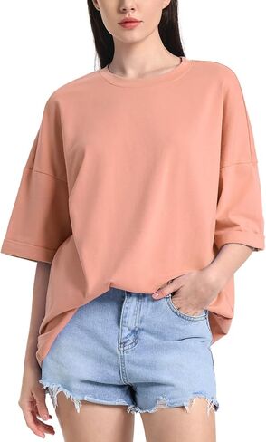 ZANZEA Oversized T Shirts for Women Short Rolled Sleeve Round Neck Summer Tops Drop Shoulder Casual Loose Basic Tees in Kuwait