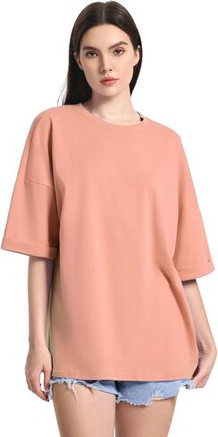 ZANZEA Oversized T Shirts for Women Short Rolled Sleeve Round Neck Summer Tops Drop Shoulder Casual Loose Basic Tees in Kuwait