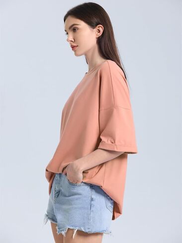 ZANZEA Oversized T Shirts for Women Short Rolled Sleeve Round Neck Summer Tops Drop Shoulder Casual Loose Basic Tees in Kuwait
