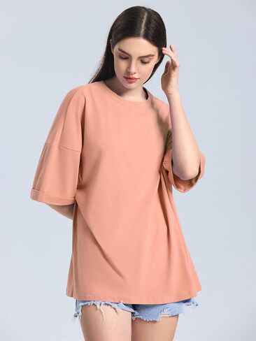 ZANZEA Oversized T Shirts for Women Short Rolled Sleeve Round Neck Summer Tops Drop Shoulder Casual Loose Basic Tees in Kuwait