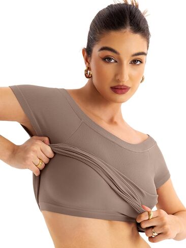 Women Boat Neck Seamless Top Built in Bra Ribbed Short Sleeve Fitted Shirts Summer Tops 2024 in Saudi Arabia