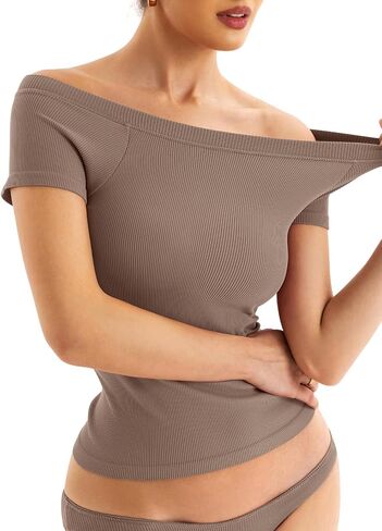 Women Boat Neck Seamless Top Built in Bra Ribbed Short Sleeve Fitted Shirts Summer Tops 2024 in Saudi Arabia
