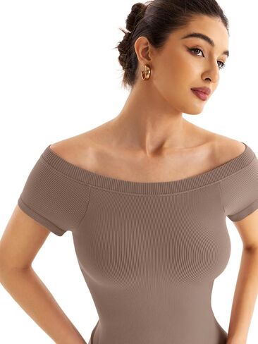 Women Boat Neck Seamless Top Built in Bra Ribbed Short Sleeve Fitted Shirts Summer Tops 2024 in Saudi Arabia