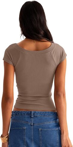 Women Boat Neck Seamless Top Built in Bra Ribbed Short Sleeve Fitted Shirts Summer Tops 2024 in Saudi Arabia