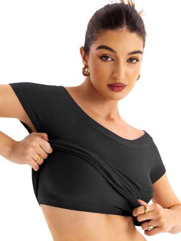 Women Boat Neck Seamless Top Built in Bra Ribbed Short Sleeve Fitted Shirts Summer Tops 2024 in Saudi Arabia