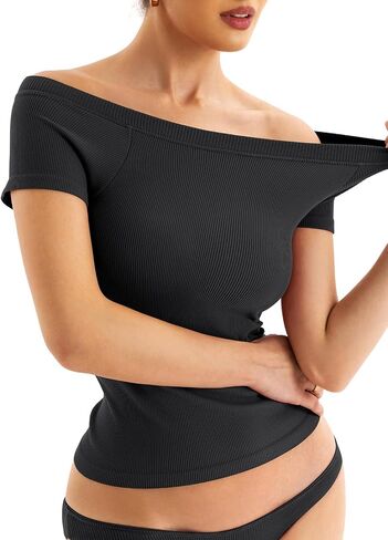 Women Boat Neck Seamless Top Built in Bra Ribbed Short Sleeve Fitted Shirts Summer Tops 2024 in Saudi Arabia