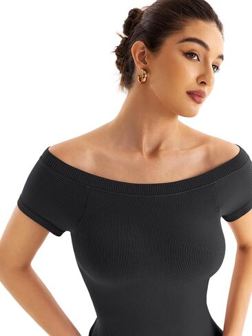 Women Boat Neck Seamless Top Built in Bra Ribbed Short Sleeve Fitted Shirts Summer Tops 2024 in Saudi Arabia