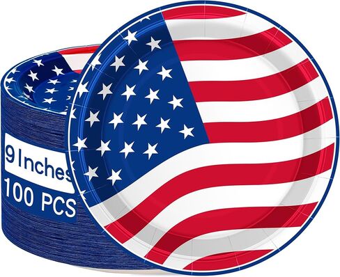 عدد 100 طبق من أطباق الرابع من يوليو، أطباق مستديرة مقاس 9 بوصات للاستعمال مرة واحدة، وشرائط ونجوم، لوازم الحفلات الوطنية، مجموعة أطباق للاستعمال مرة واحدة للاستخدام اليومي، أطباق ورقية ليوم ذكرى عيد الاستقلال in Kuwait