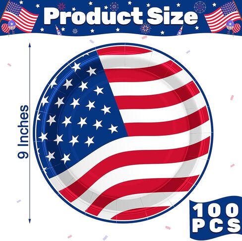 عدد 100 طبق من أطباق الرابع من يوليو، أطباق مستديرة مقاس 9 بوصات للاستعمال مرة واحدة، وشرائط ونجوم، لوازم الحفلات الوطنية، مجموعة أطباق للاستعمال مرة واحدة للاستخدام اليومي، أطباق ورقية ليوم ذكرى عيد الاستقلال in Kuwait