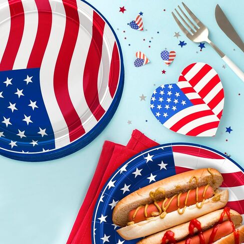 عدد 100 طبق من أطباق الرابع من يوليو، أطباق مستديرة مقاس 9 بوصات للاستعمال مرة واحدة، وشرائط ونجوم، لوازم الحفلات الوطنية، مجموعة أطباق للاستعمال مرة واحدة للاستخدام اليومي، أطباق ورقية ليوم ذكرى عيد الاستقلال in Kuwait