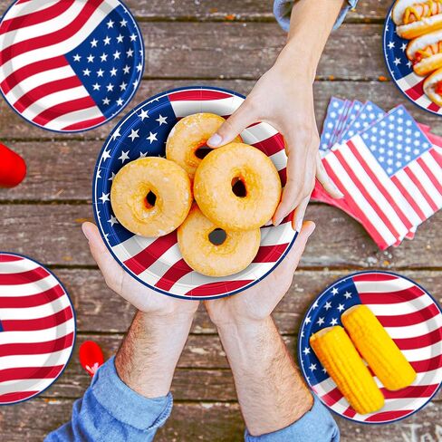 عدد 100 طبق من أطباق الرابع من يوليو، أطباق مستديرة مقاس 9 بوصات للاستعمال مرة واحدة، وشرائط ونجوم، لوازم الحفلات الوطنية، مجموعة أطباق للاستعمال مرة واحدة للاستخدام اليومي، أطباق ورقية ليوم ذكرى عيد الاستقلال in Kuwait