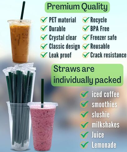 [50 SETS] 12 oz Clear Plastic Cups with Lids and STRAWS, Disposable Iced Coffee cups with Lids, Clear Cups with Lids for Cold Drinks, Iced Tea, Milkshakes, Smoothies in Saudi Arabia