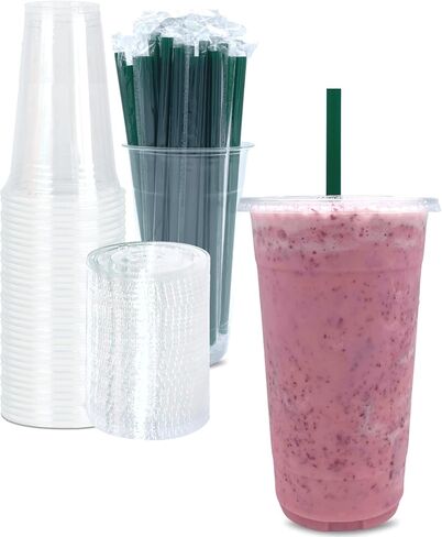 [50 SETS] 12 oz Clear Plastic Cups with Lids and STRAWS, Disposable Iced Coffee cups with Lids, Clear Cups with Lids for Cold Drinks, Iced Tea, Milkshakes, Smoothies in Saudi Arabia