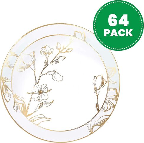 [6'' Plates 10 Count] White Plastic Floral Design Party Plates With Gold Rim Premium heavyweight Elegant Disposable Tableware Dishes in Saudi Arabia