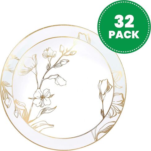 [6'' Plates 10 Count] White Plastic Floral Design Party Plates With Gold Rim Premium heavyweight Elegant Disposable Tableware Dishes in Saudi Arabia