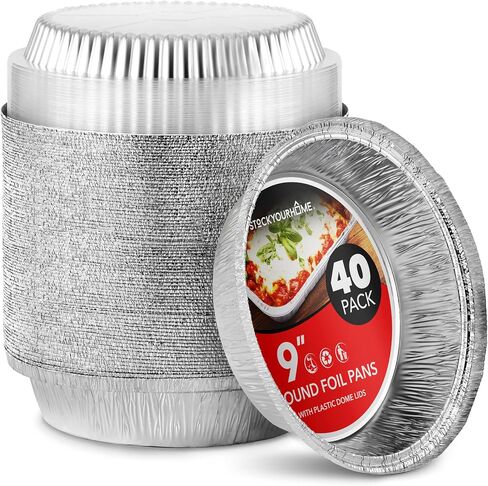 Stock Your Home 9" Round Aluminum Foil Pans with Lids (40 Pack) Pie Tins Disposable 9 Inch with Lid, To-Go Containers for Pies, Cheesecake, Cinnamon Rolls, Flan, 2" Deep Dish Cake Pan for Holidays in Saudi Arabia
