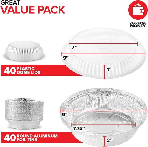 Stock Your Home 9" Round Aluminum Foil Pans with Lids (40 Pack) Pie Tins Disposable 9 Inch with Lid, To-Go Containers for Pies, Cheesecake, Cinnamon Rolls, Flan, 2" Deep Dish Cake Pan for Holidays in Saudi Arabia