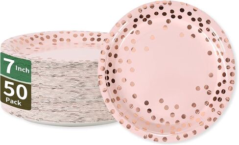 Pink & Rose Gold Dots Party Paper Plates, 50 PCS Disposable Party Supplies Dessert Paper Plates for Birthday Party Wedding Bridal Shower Party Supplies (7 inches) in Saudi Arabia