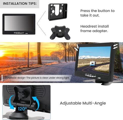 Anina 7" TFT LCD Car Monitor 2 Split Screen 4-PIN Connector Video Inputs Color Display Screen Sunshade Anti-Glare Remote Control for Car/Pickup/Truck/SUV Rear Side Front View Backup Camera Monitor in Saudi Arabia