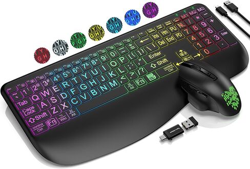 Wireless Keyboard and Mouse Combo, Large Print Backlit Keyboard with Wrist Rest and 9 Backlit Effects, 2.4G Rechargeable Ergonomic Keyboard Mouse Combo Easy to See for Windows, Laptop, PC (Black) in Saudi Arabia