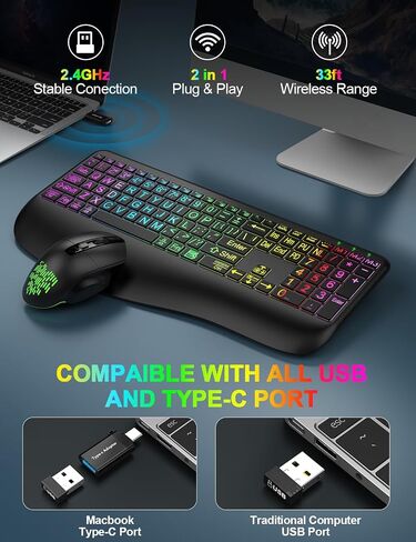 Wireless Keyboard and Mouse Combo, Large Print Backlit Keyboard with Wrist Rest and 9 Backlit Effects, 2.4G Rechargeable Ergonomic Keyboard Mouse Combo Easy to See for Windows, Laptop, PC (Black) in Saudi Arabia