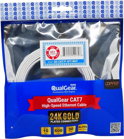 QualGear RJ45 Cat 7 Ethernet Patch Cable, 10Gpbs High-Speed Cable, 600MHz, Triple-Shielded, Flat, 1 Feet, Black in Saudi Arabia