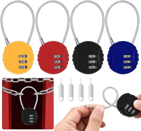 قفل مجمع مكون من 3 أرقام، سبائك الزنك، أسود/أزرق/أحمر/أصفر، بدون مفتاح، طول حبل 135 مم، قطر سلك فولاذي 2.5 مم in Kuwait